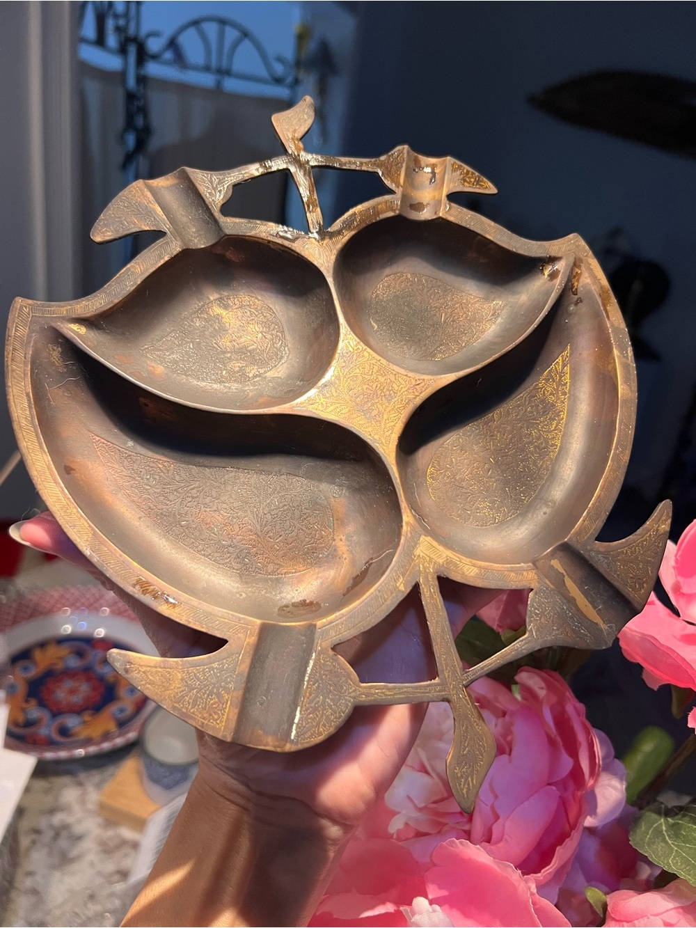 Antique Brass Fruits shaped etched ashtray or catchall no dents